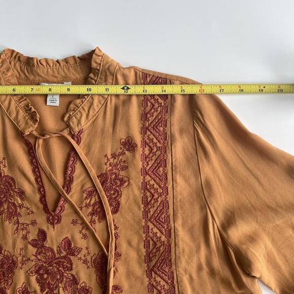 Womens Large Orange Red Embroidery Flare Sleeve Blouse Top Boho Festival Peasant - Picture 10 of 13